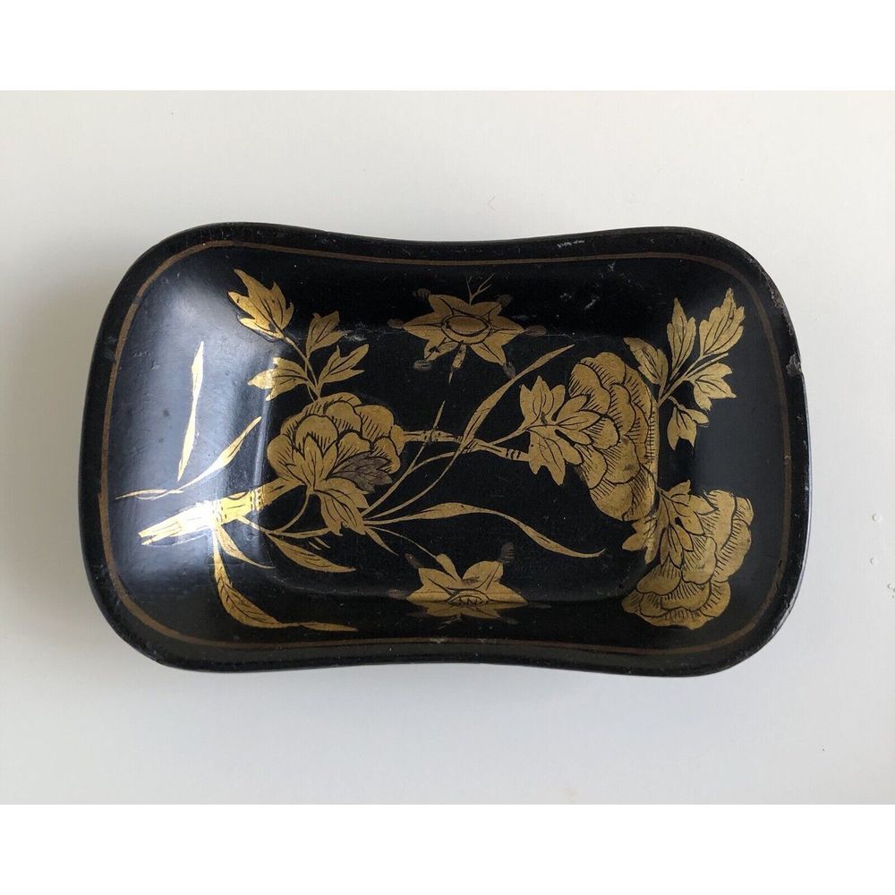 Antique Papier Mache Calling Card Tray Gold Gilded Decoration 4"x 2.5"x 1"